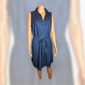 Old Navy Women Denim Shirt Dress Sleeveless V neck Collared belt Size L 100%cttn